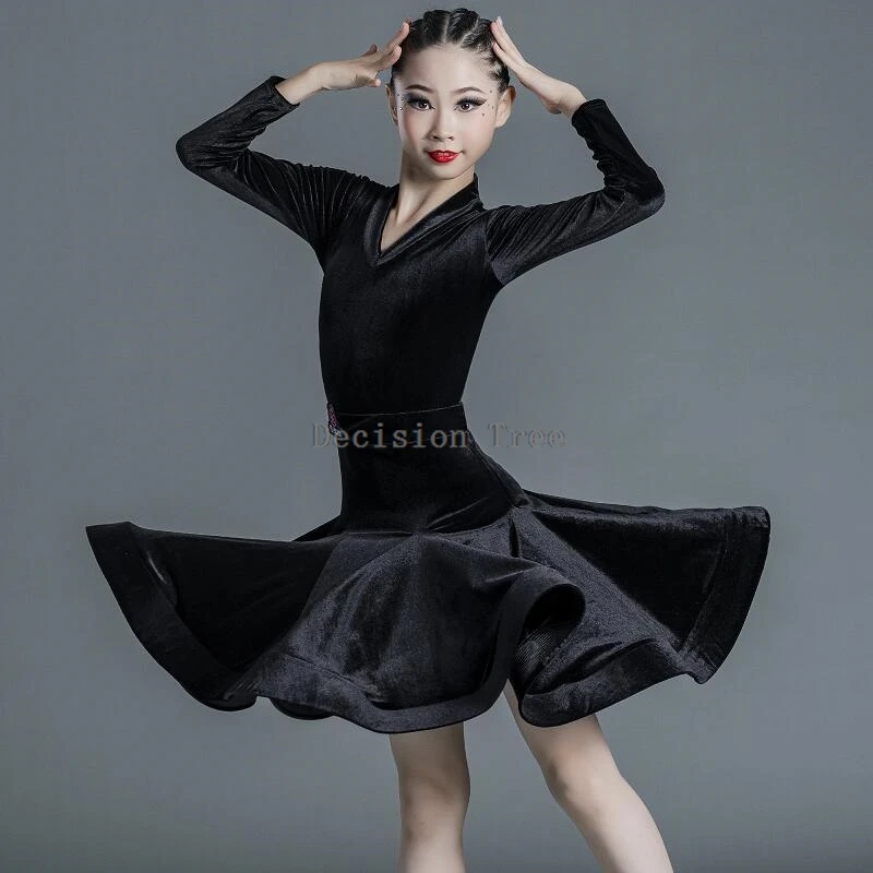 2025 new children's velvet latin dance dress girls dance practice clothing autumn and winter latin latin competition dance dress