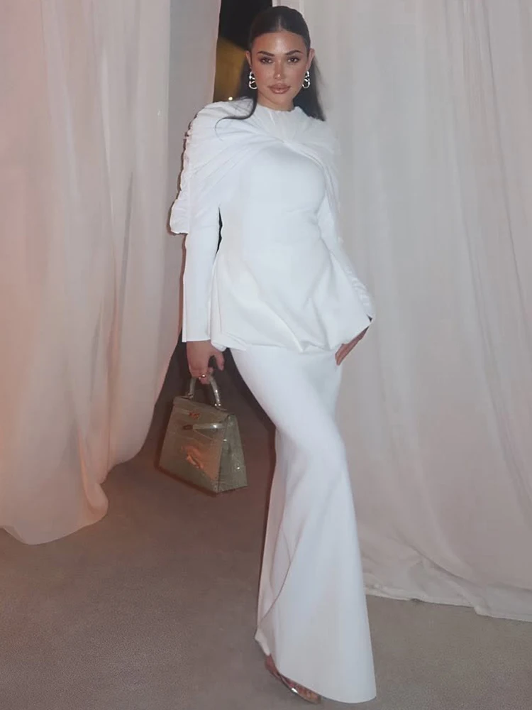 

Whatiwear Autumn New Style 2 Piece Set Woman Ruched o-Neck Full Sleeve Puffy Tops+A-Line Solid Long Skirts Street Elegant Suits