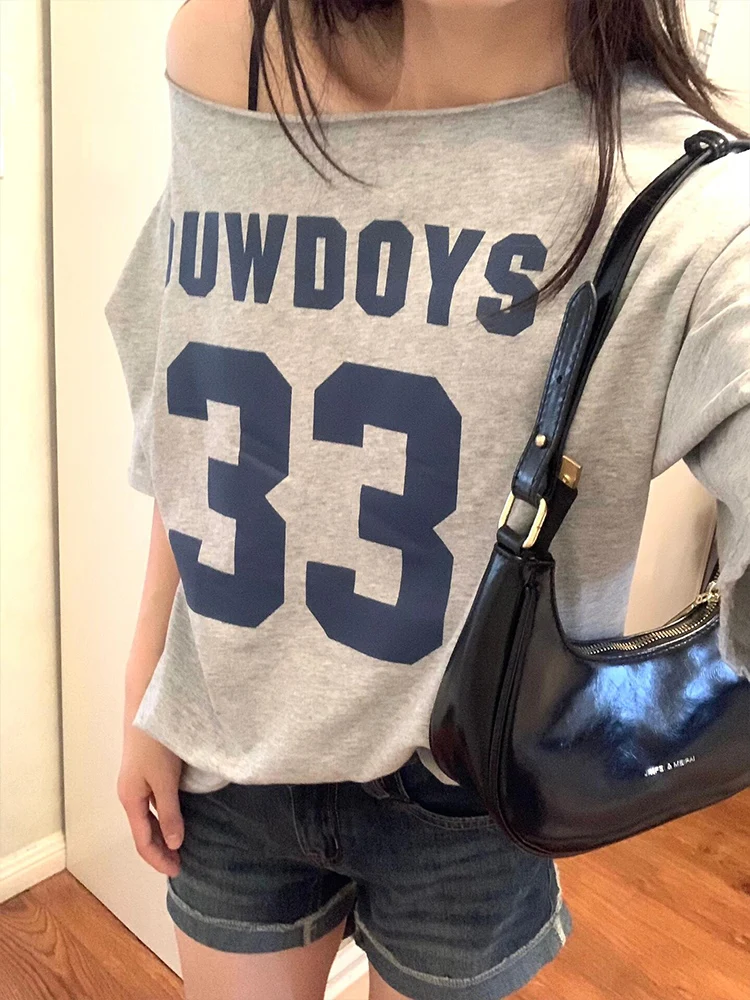 Summer Casual oulder-baring ey American Retro ort Sve T-irt Women Loose Lazy Spicy Girl Slant oulder Top