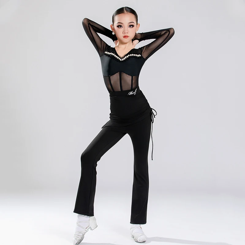 ชุดเต้นรำบอลรูมสำหรับเด็ก ชุดเต้นรำแซมบ้าละตินสำหรับเด็กผู้หญิง เสื้อละตินสีดำ กางเกงเต้นรำสมัยใหม่ ชุดฝึกซ้อม