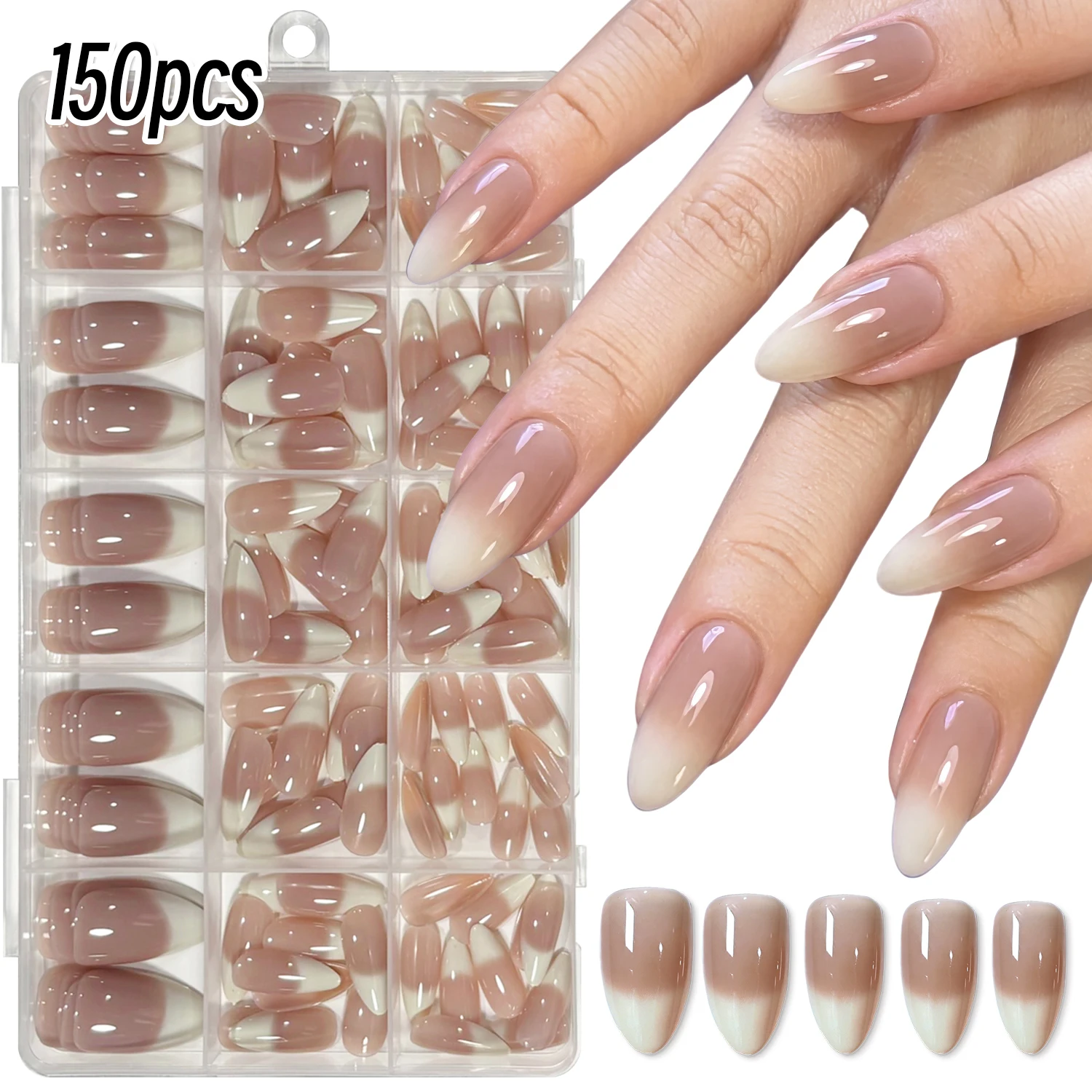 150Pcs Cream Nude Gradient Press On Nails French Almond Fake Nails Full Cover False Nail Tips for Bridal Date Daily Simple Nail