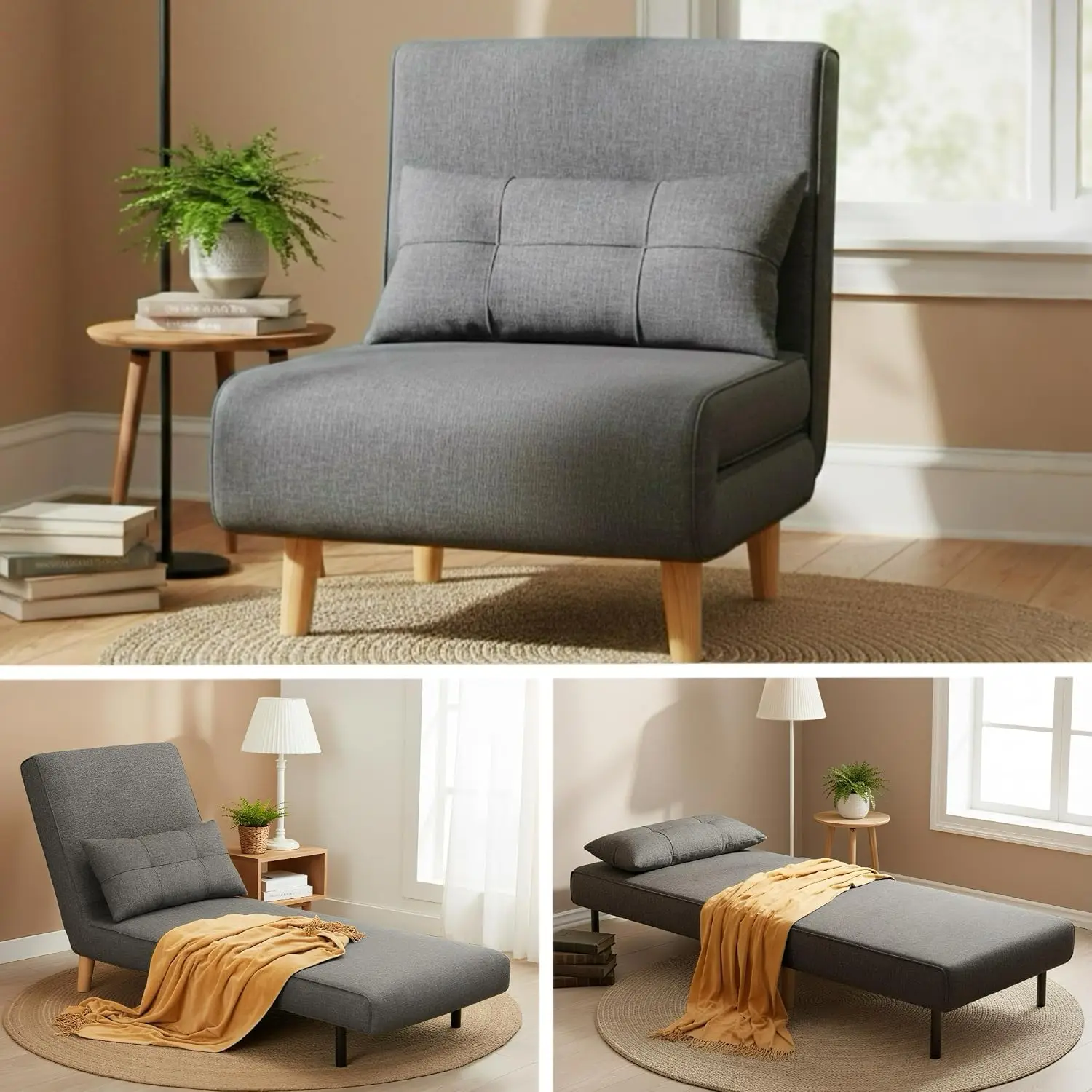 Convertible Sleeper Chair Bed 6-Angle Backrest Dark Gray, Customized