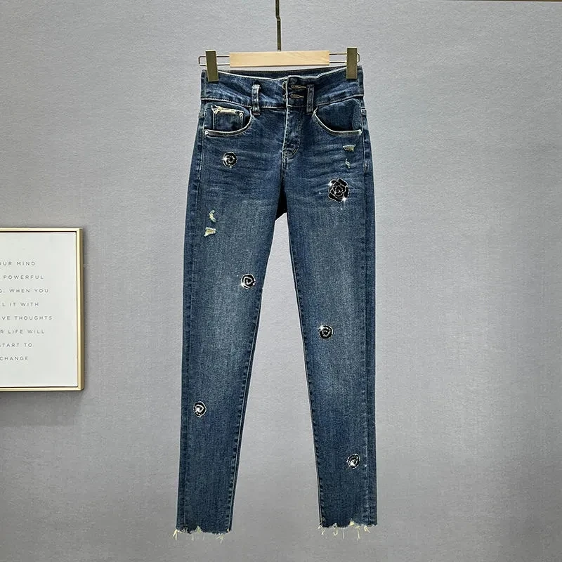 

Elastic Skinny Jeans Women's clothing 2025 Spring Autumn New Slim Rhinestone Denim Pencil Pants Female Casual Ankle Length Jeans