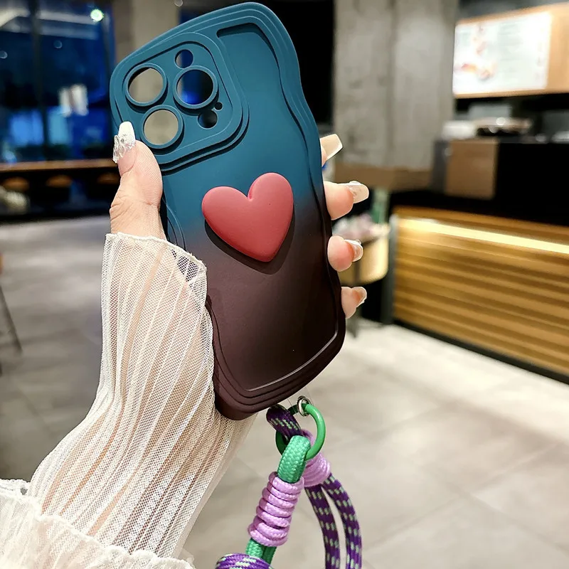 3D Cute Love Heart Gradient Curly Wave Phone Case with Wrist Strap Lanyard For iPhone 15 Pro Max 14 13 12 11 XS X XR 7 8 6S Plus