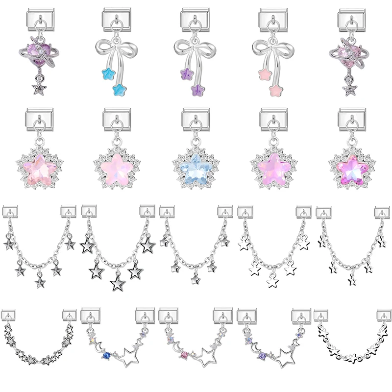 Women New Zircon Star Butterfly Golden Heart Tassel Chain Italian Charms Fit 9mm Stainless Steel Bracelet DIY Jewelry Gift