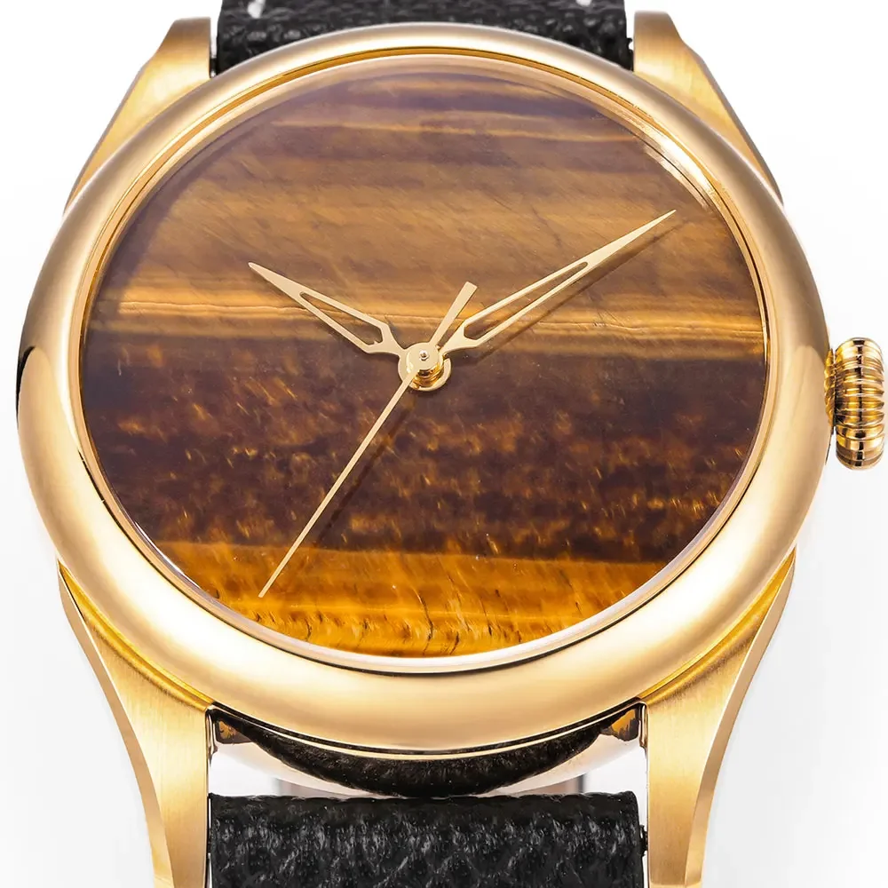 HUASUO New 38mm Business Men Watch Tiger Eye Stone Dial SW200 Automatic Mechanical Gemstone Wristwatch Sapphire Waterproof 50m
