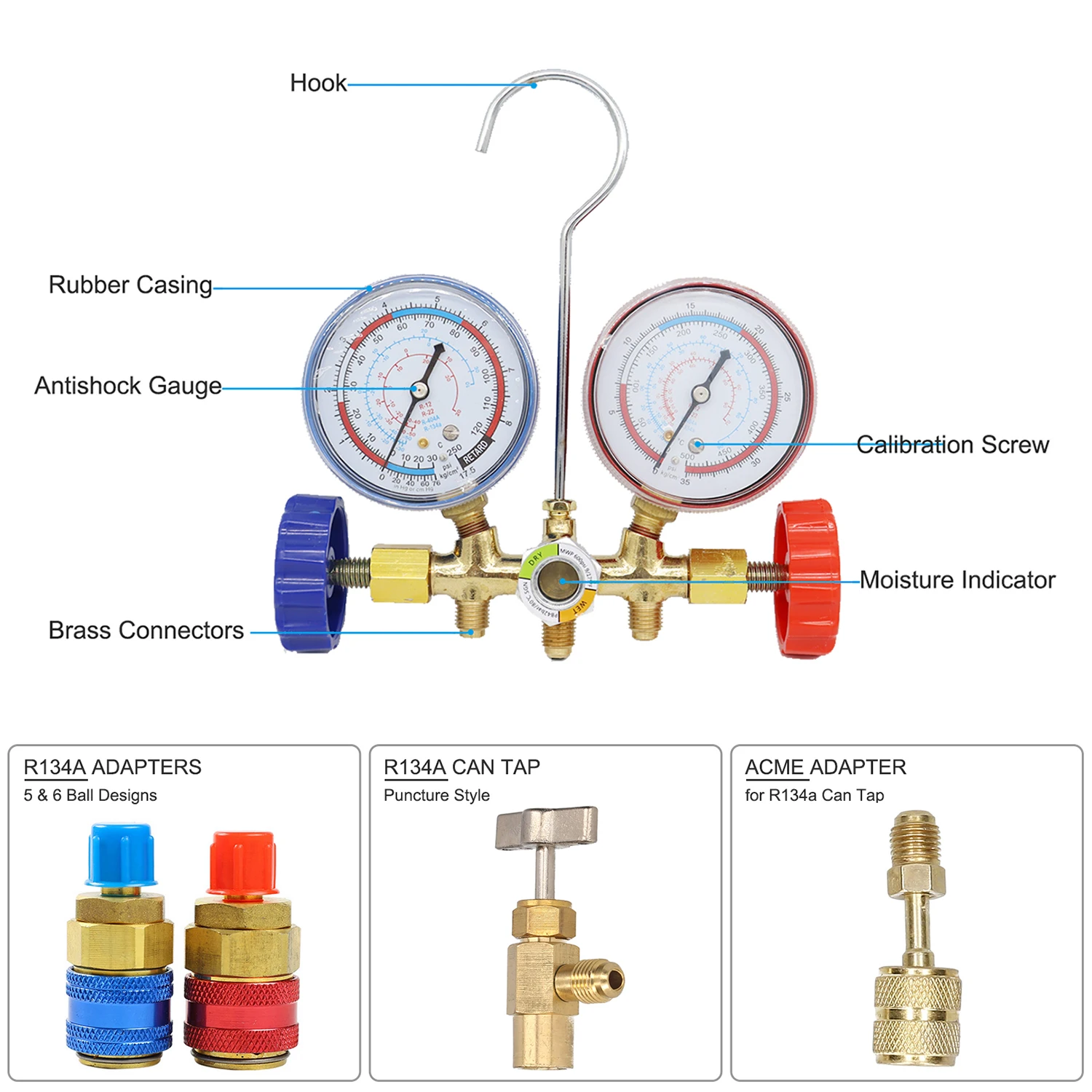 R134a 3 Way AC Diagnostic Manifold Gauge Set for Freon Charging, Fits Refrigeration Manifold Gauge Air R12 R22 R-404A R-134a