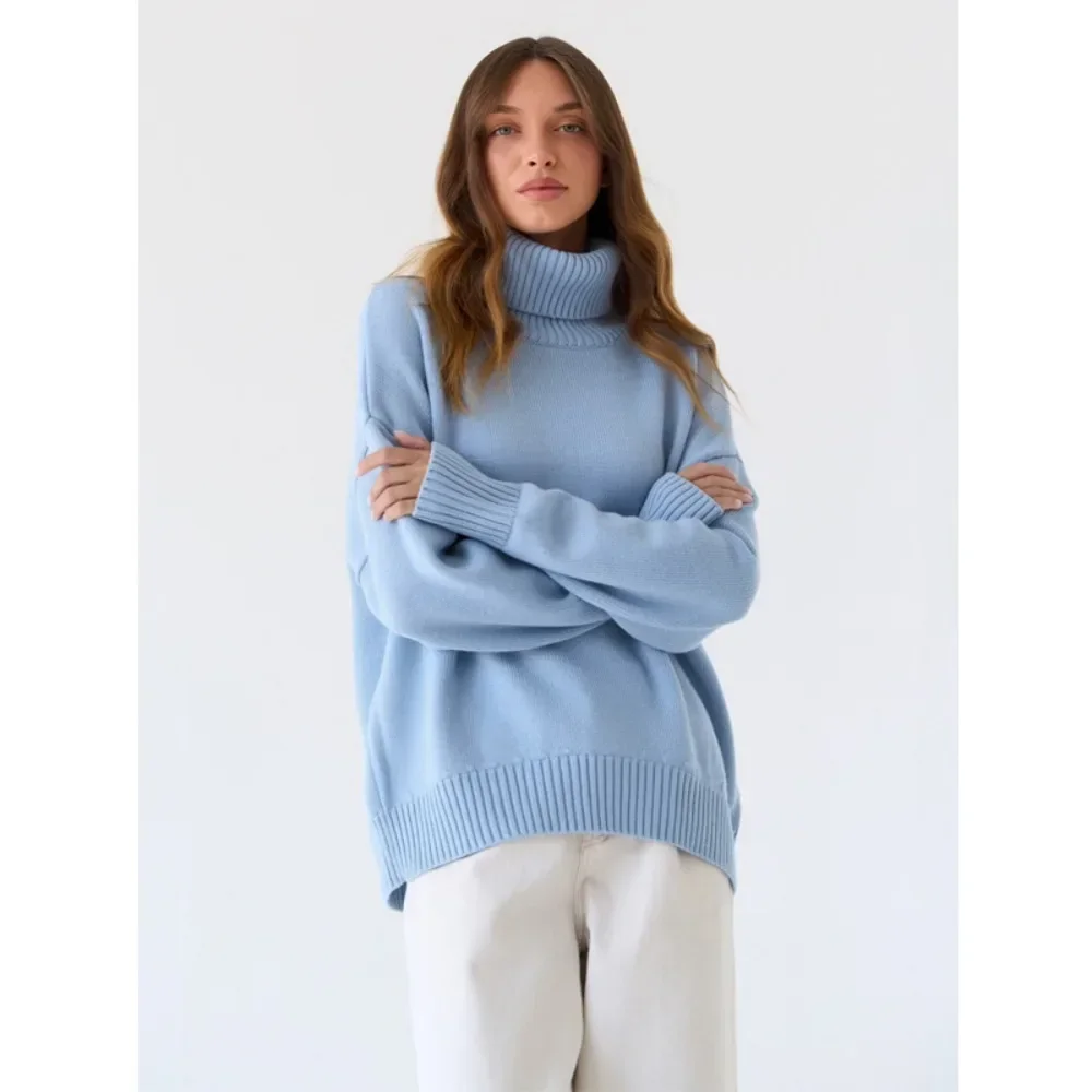 Sweet Light Luxury Knit Sweater Autumn and Winter Women's Classic Solid Color High Neck Loose Warm Elastic Casual Knit Sweater