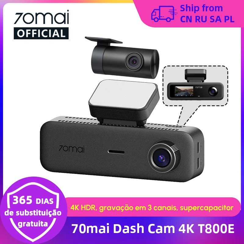 70mai T800E 3 Canais: Frontal 4K + Traseiro 1080p + Interior 1080p HDR, Supercapacitor, Estacionamento 24H, GPS, WiFi 6, Controle por Voz