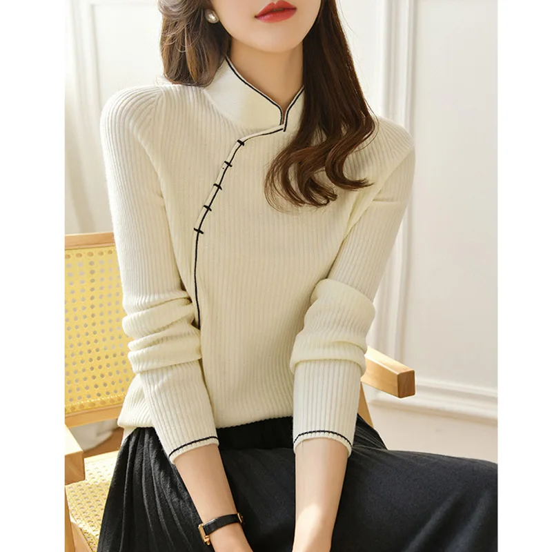 

Шерстяной вязаный свитер на пуговицах в стиле ретро с воротником-стойкой, осень-зима, утягивающий полосатый базовый слой, корейский свитер