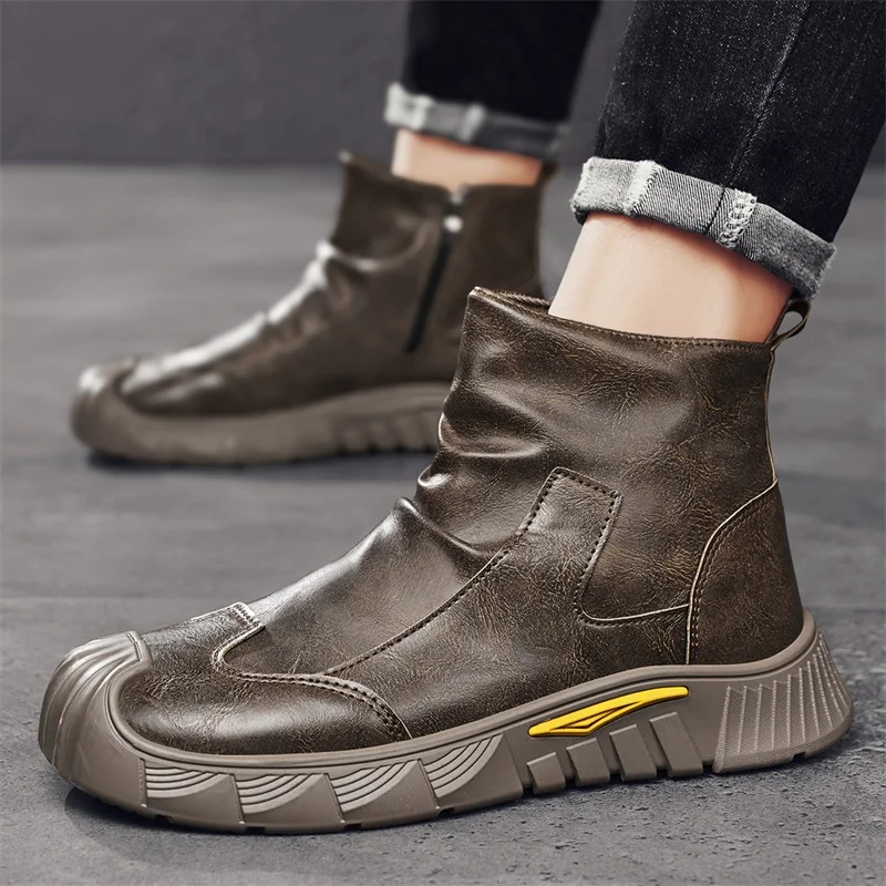 

2025 New Autumn Winter Men High Top Boots Non Slip Comfort Thick Soled Wear-resistant Fashion Leather Ankle Boots Zapatos Hombre