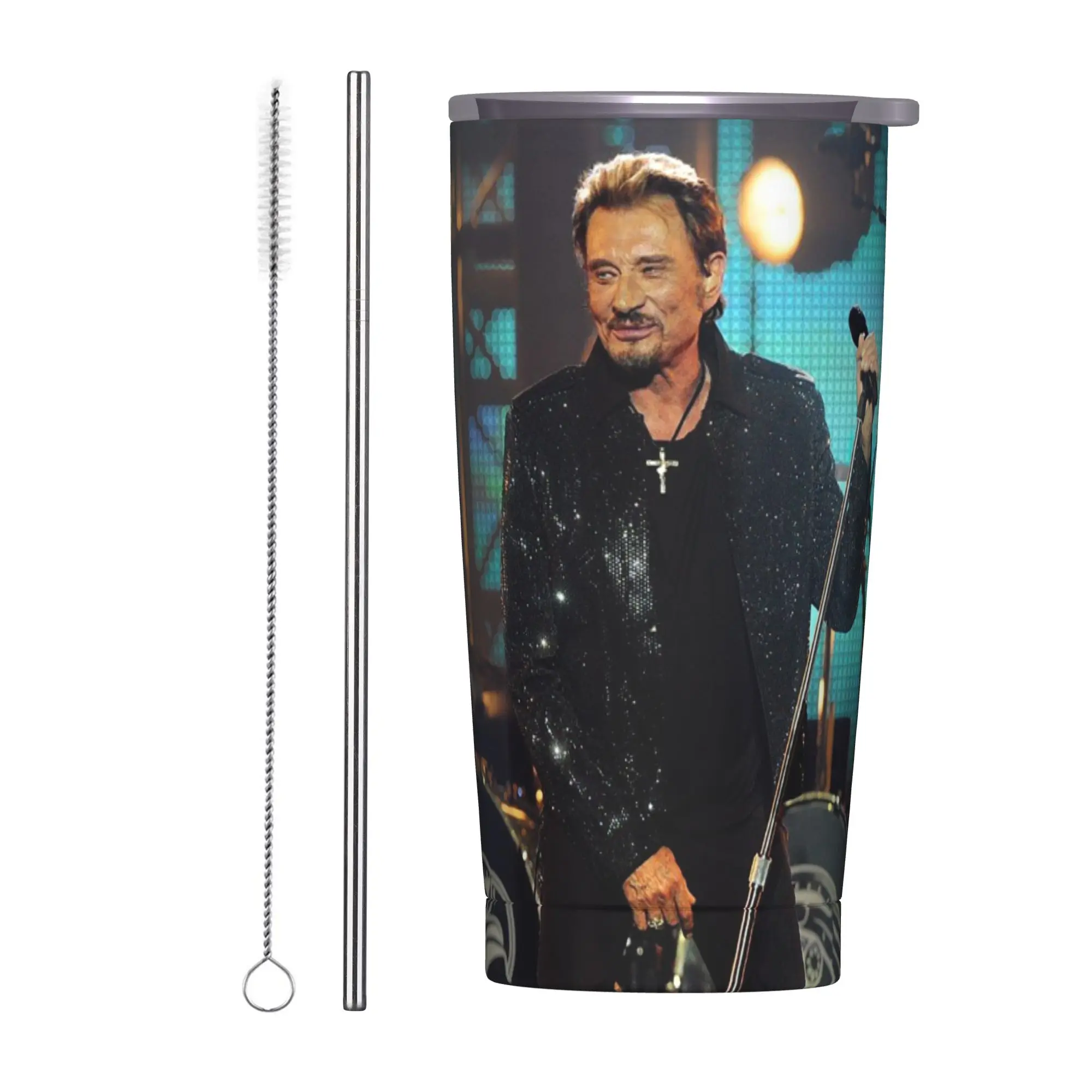 Johnny Hallyday Singer Insulated Tumbler with Lid Fashionable Stainless Steel Thermal Mug Office Home  Bottle Cup, 20oz
