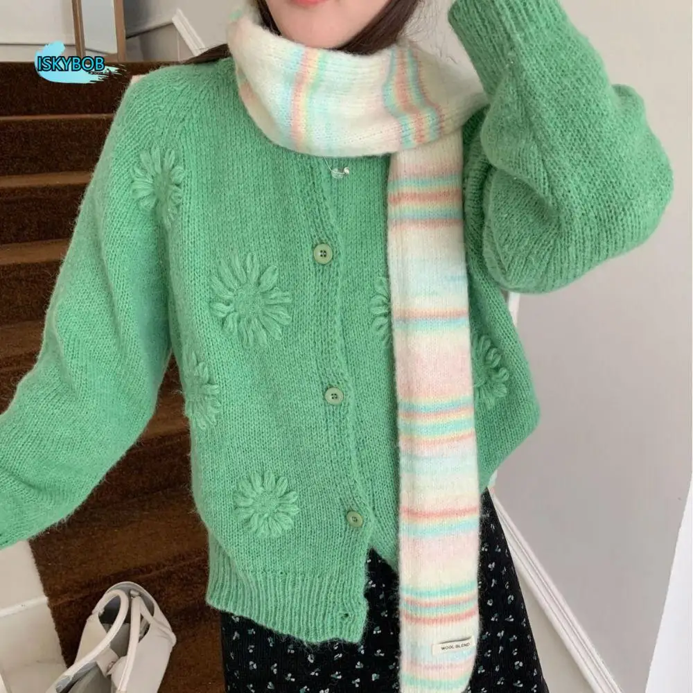 

Soft Korean Style Rainbow Striped Scarf Thickened Neck Warmer Cashmere Knitted Scarf Plush Windproof Winter Shawl Student