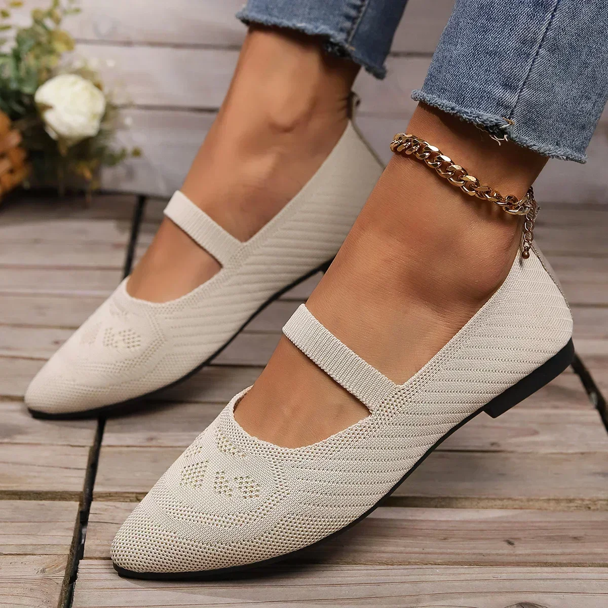 Women Pointed Toe Flat Shoes Solid Color Knitted Shoes Casual Breathable Ballet Flats Women Loafers Zapatos Mujer 2024 Tendencia