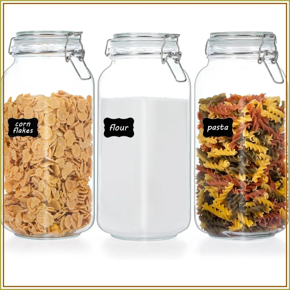 78oz Glass Food Storage Jars with Airtight Clamp Lids, 3 Pack Large Kitchen Canisters for Flour, Cereal, Coffee, Pasta and Canning, Square Mason Jar with 8 Chalkboard Labels