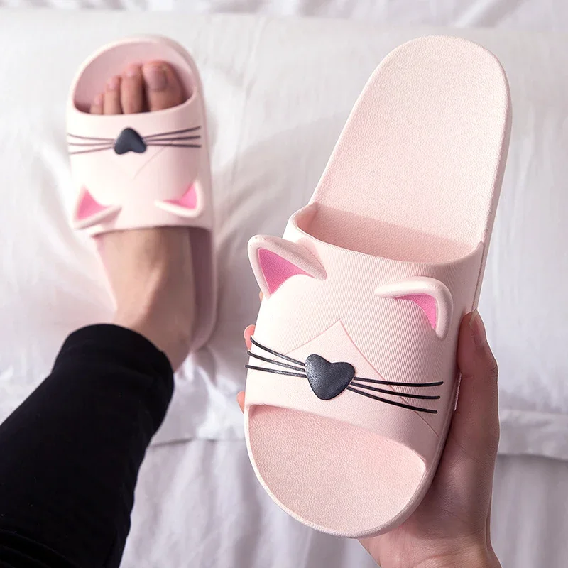 Comemore Women Summer Slippers Beach Slide Sandals Cartoon Cat Flip Flops Soft Comfortable Men Couple Ladies Flat Casual Shoes