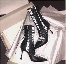 Pointed hollow out fashion boots for women in spring 2024, new zipper Roman strap, slim high-heeled cool boots