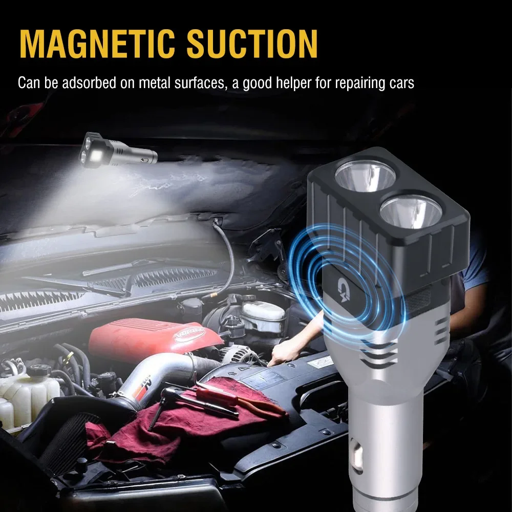 BORUiT Car Charger LED Flashlight 4 Lighting Modes Type-C Rechargeable Work Light with Magnet Emergency Lantern Breakable Window