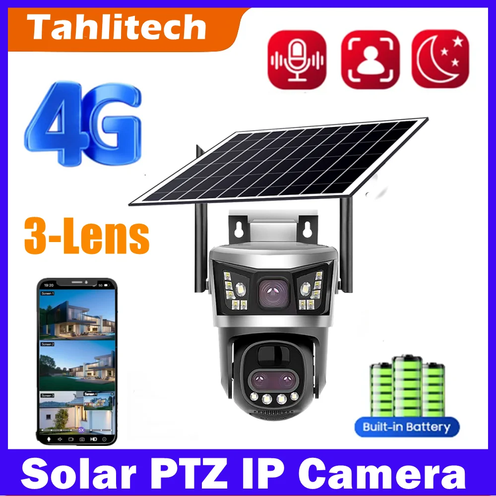 

Solar 4G Camera With Sim Card Outdoor 10X Optical Zoom 12MP 6K Dual Lens Three Screen PIR Human Detect Cameras Security Protecti