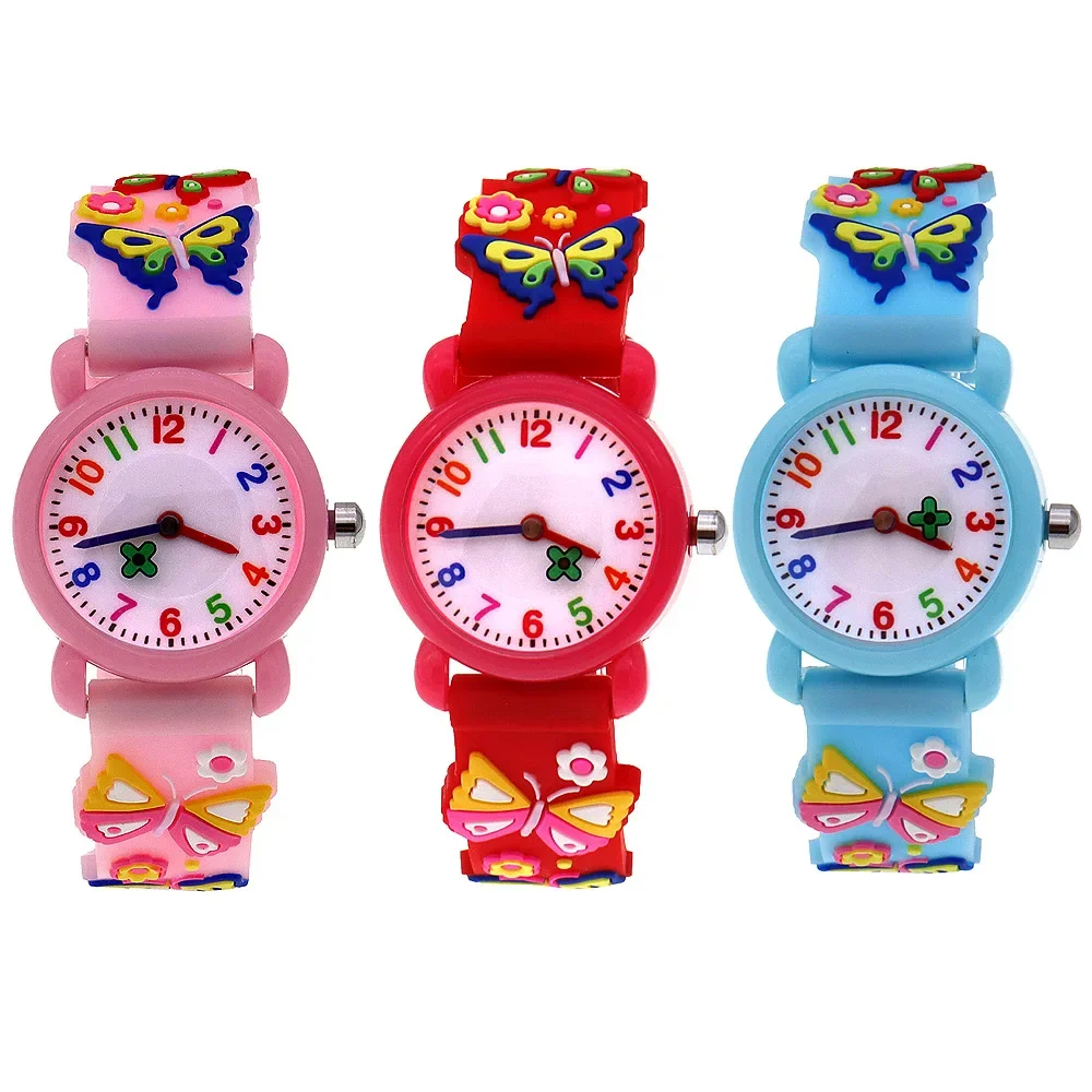3Pcs Children's Wristwatch Butterfly Flower Design Second Hand Watch for Girls And Boys Kids Watch