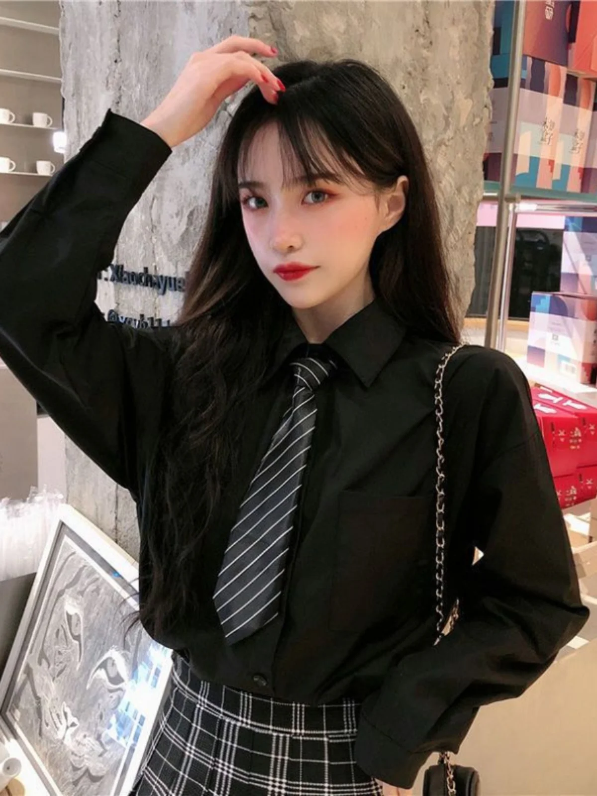 

Black White Long Sleeve Neck Shirt Commute Style Layering Basic Inner Wear Spring Summer Versatile Straight Cut Shirt