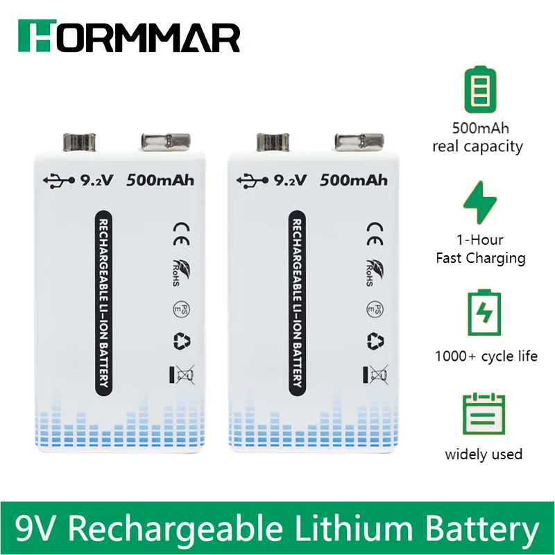 9V Rechargeable Battery 500mAh USB TYPE-C 6F22 Li-ion Lithium Batteries for Multimeter Microphone Walkie Talkie Remote Control