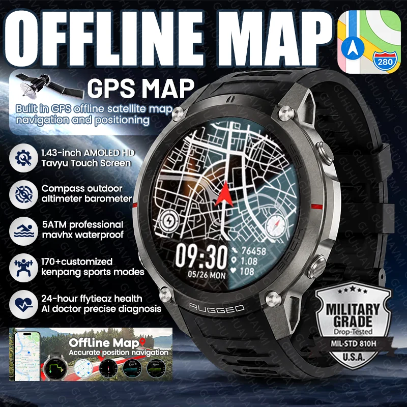 

2026 New Men Outdoor GPS Map Satellite Smart Watch Compass 5ATM Waterproof Bluetooth Call Heart Rate Sports AMOLED HD Smartwatch