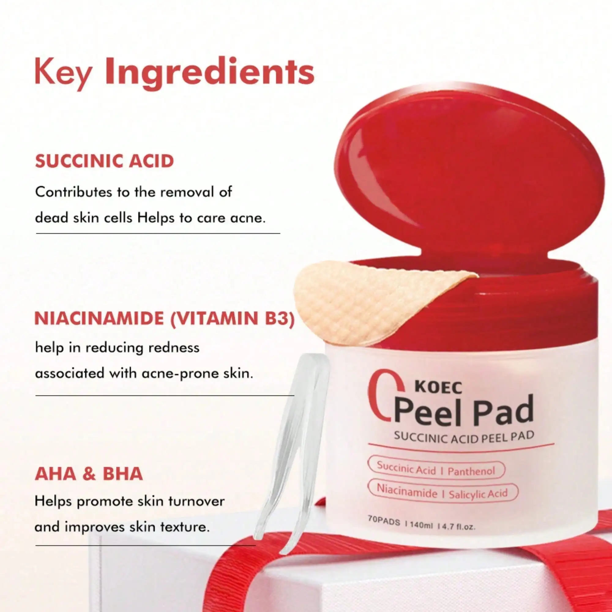 Toner Pads Red Succinic Acid Panthenol Facial Peeling Pad, AHA BHA Niacinamide Infused, Gentle Peel For Acne & Breakout Prone Skin, Soothing Calming Non-Comedogenic Facial Pads, All Skin Types, Valentine's Day Gift, Korean Skin Care