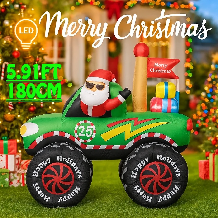 Camion monstre gonflable géant de noël de 5,9 pieds, jouet père noël avec lumières LED, décoration de pelouse de cour de noël, fournitures de fête à domicile, ornement