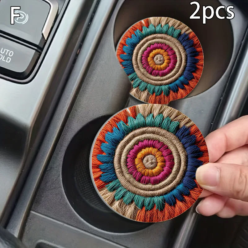 Waterproof Washable PU Leather Car Cup Mats, 2Pcs Non-Slip Car Cup Holder Inserts, Retro Spiral Braided Rope Fringe Pattern Auto