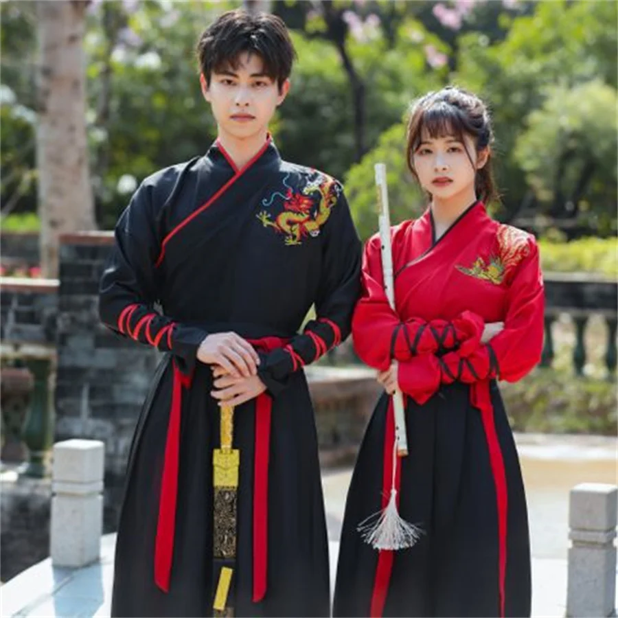 Conjuntos de fantasia chinesa hanfu cosplay para casais, estampa tradicional antiga, vermelho e preto, homens e mulheres, conjuntos de carnaval, plus size, xl