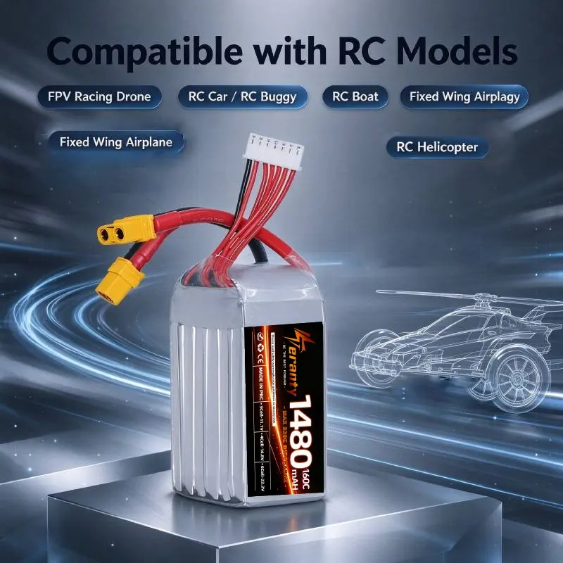 Teranty 6S 1480mAh 160C 22.2V LiPo Battery For FPV Racing Freestyle RC 1/10 1/12 Scale Car Buggy Truggy