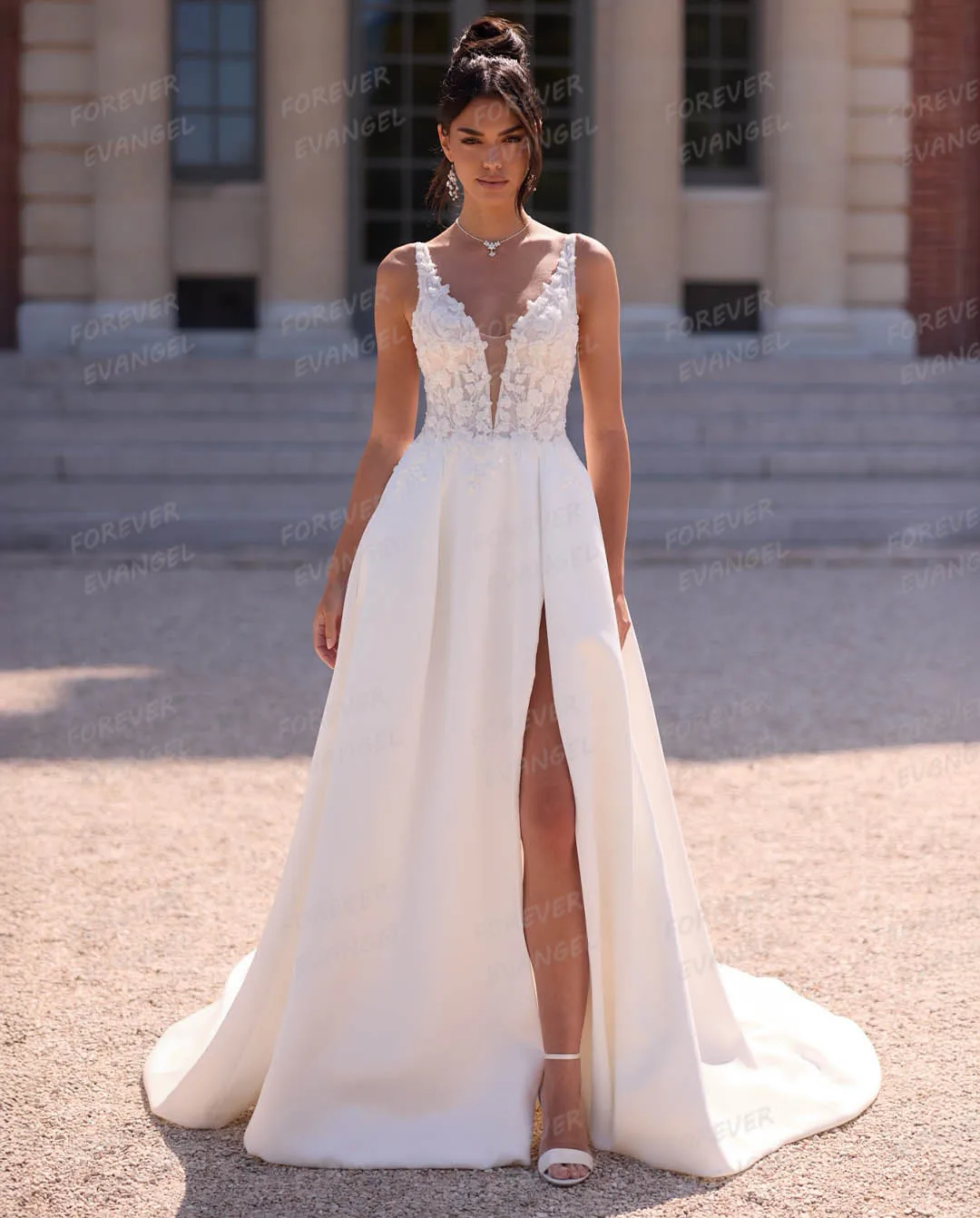 Einfache Brautkleider mit V-Ausschnitt für Damen, A-Linie, Brautkleider, sexy Spitzenapplikationen, seitlicher Schlitz, individuell gestaltet, rückenfrei, 2025, Vestidos De Novia