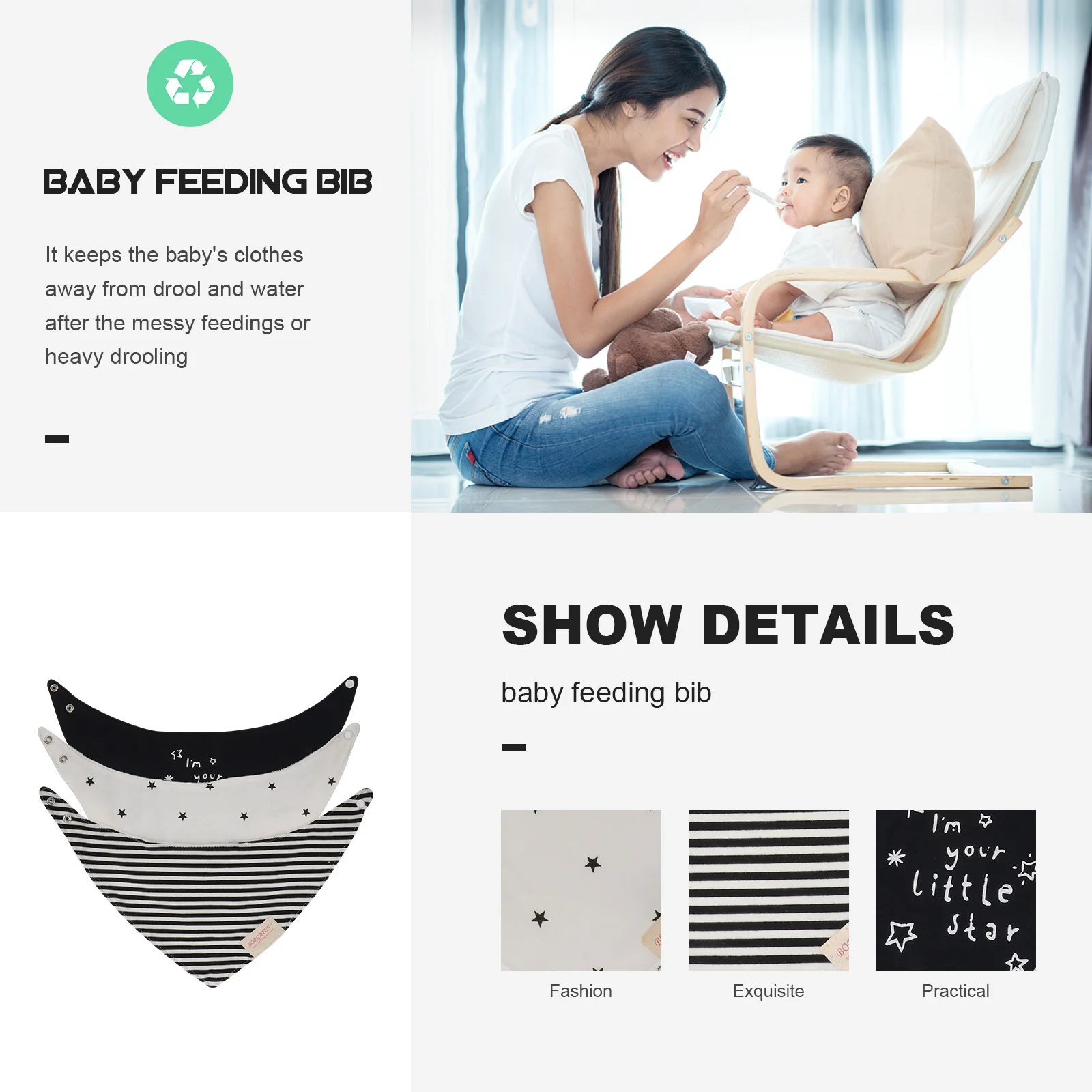 

3Pcs Infant Triangle Scarf Cute Pattern Baby Bib for Feeding Drool Protection Lightweight Portable Cotton Bib Washable Newborn
