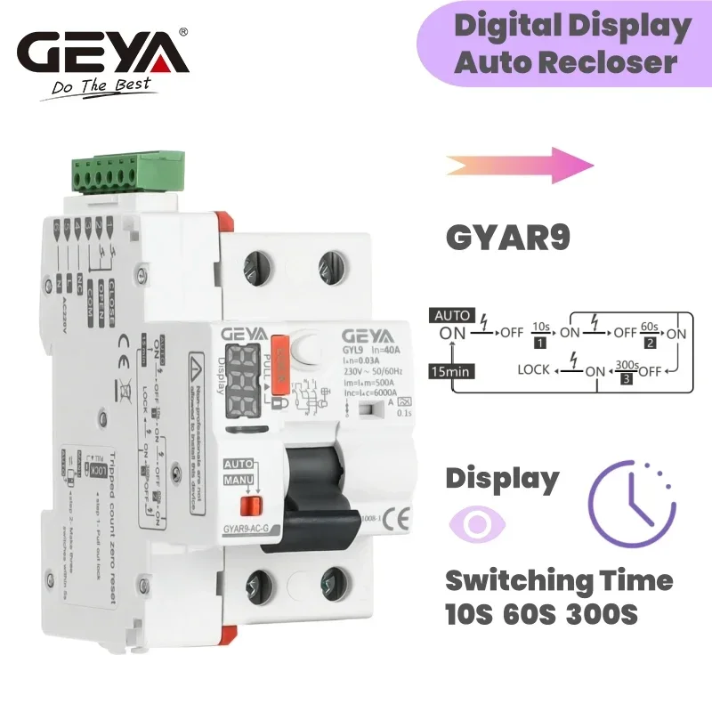 GEYA Smart RCCB (Self-Reclosing, 2P 40A, 10s/60s/300s Digital Display)
