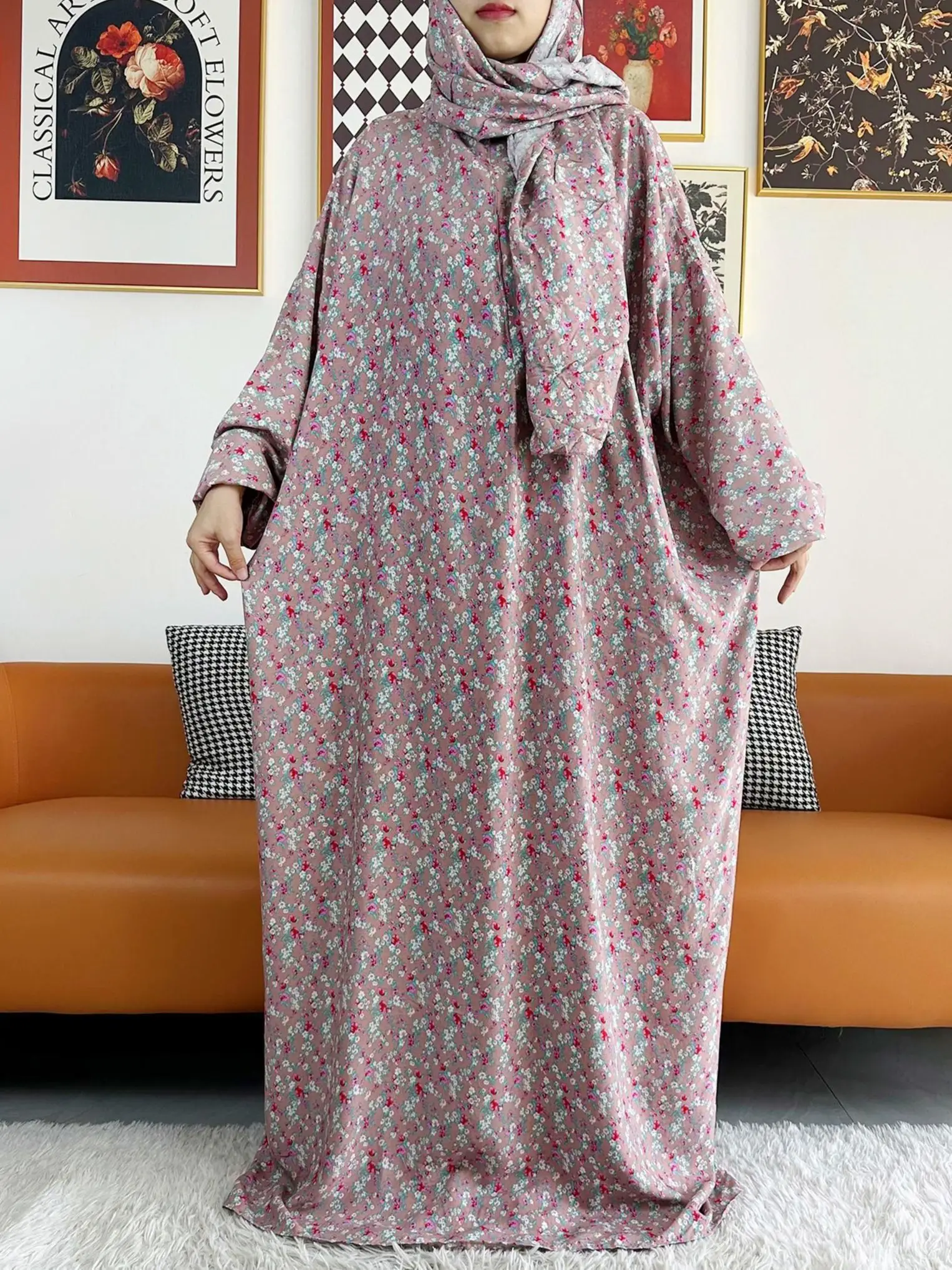 New Muslim Cotton Abaya For Women Ramadan Prayer Dubai Turkey Middle East Femme Robe Floral Loose African Dress Scarfs Joint