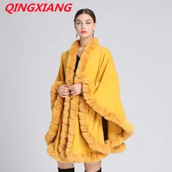 10 Colors Winter Warm Thick Big Pendulum Out Streetwear Loose Long Cloak Knitted Poncho Coat Women String Faux Fur Collar Cape