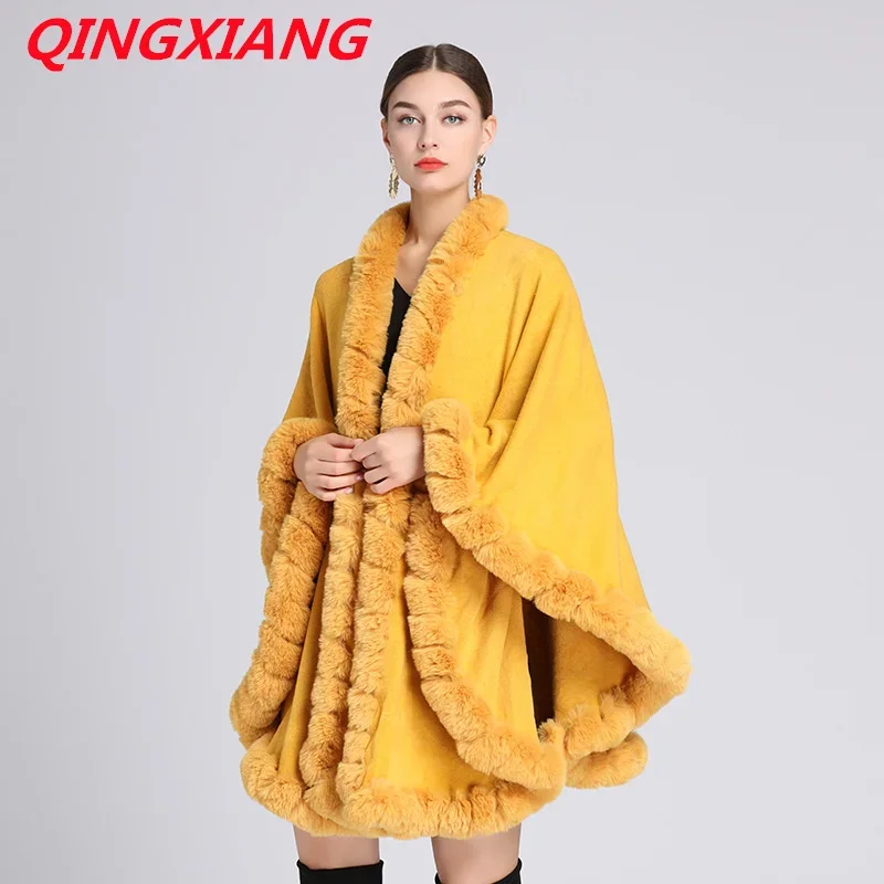 16 Colors Winter Warm Thick Big Pendulum Out Streetwear Loose Long Cloak Knitted Poncho Coat Women String Faux Fur Collar Cape