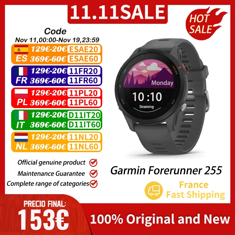 Garmin Forerunner 255 sport Smartwatch 46mm 1.3 ''cran couleur 14 jours d'autonomie de la batterie 4GB RAM NFC Bluetooth Wifi 5ATM tanche