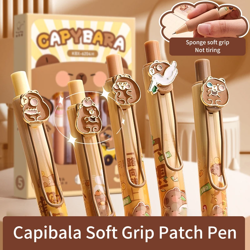 5Pcs Kawaii Capybara Pressing Gel Pens Set Metal Cartoon Patch 0.5mm Black Ink Ballpoint School Stationery Office Accessories