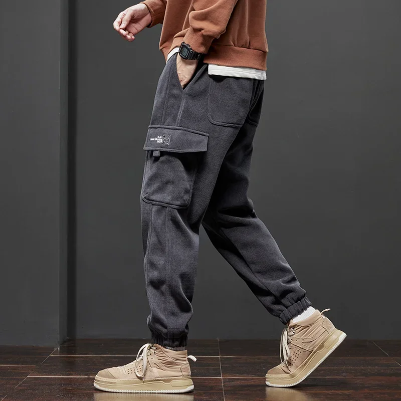 

Winter Men's Fleece Jogging Pants Warm Thick Corduroy Cargo Trousers Fashion Korean Casual Harem Sweatpants Streetwear Black