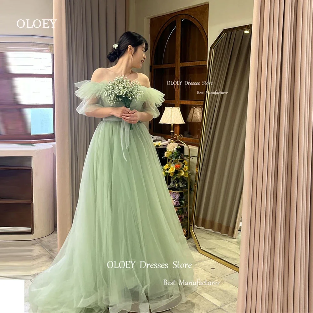 

OLOEY Fairy Tulle Green Korea Wedding Party Dress Photo shoot Sleeves Tulle Prom Evening Gowns Bridal Dress Lace Up Back