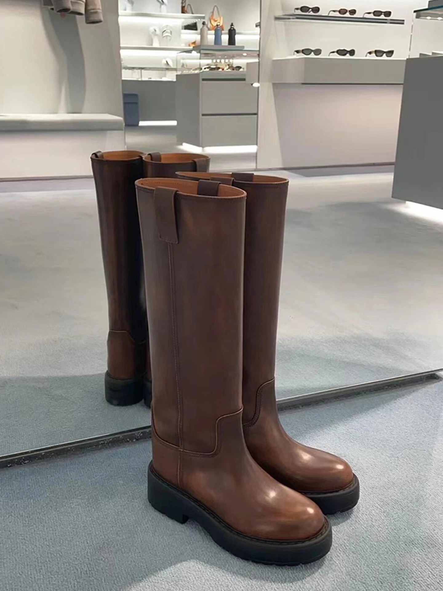 

Кожаные высокие сапоги Miu Slim Knight для женщин, на танкетке, из натуральной кожи, до колена