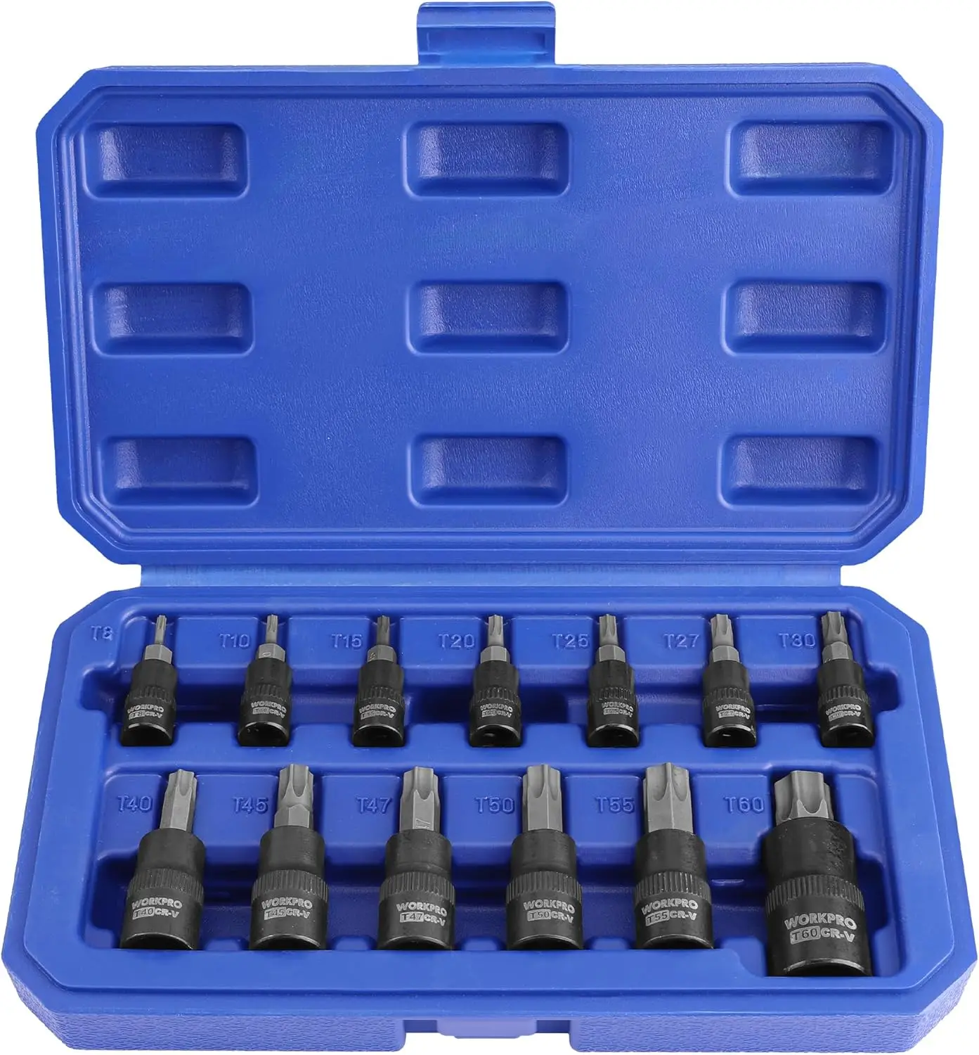 

Torx Bit Socket Set 13-Piece T8-T60, 1/4" 3/8" 1/2" Drive, Premium S2 Steel & CR-V, with Storage Case