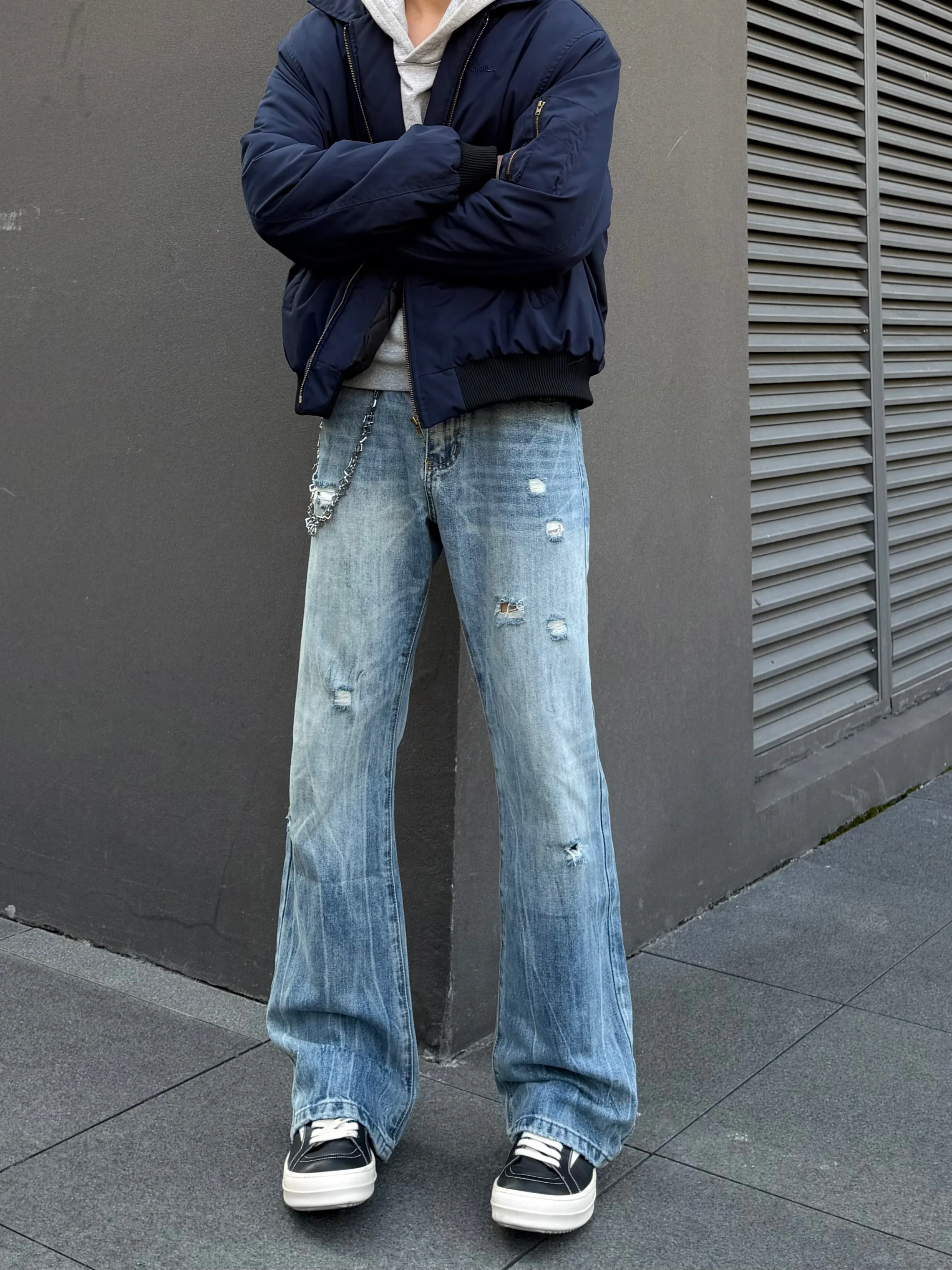 Cleanfit American High Street Vintage Ripped Jeans Men's Trendy Loose Fit Gradual Wash Casual Handsome mid Waist Zipper