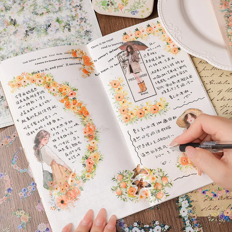 Journamm 6 arkuszy kwiat naklejki z obramowaniem materiał PET DIY Scrapbooking Art kolaż artykuły papiernicze Planner Decor naklejki na pamiętnik