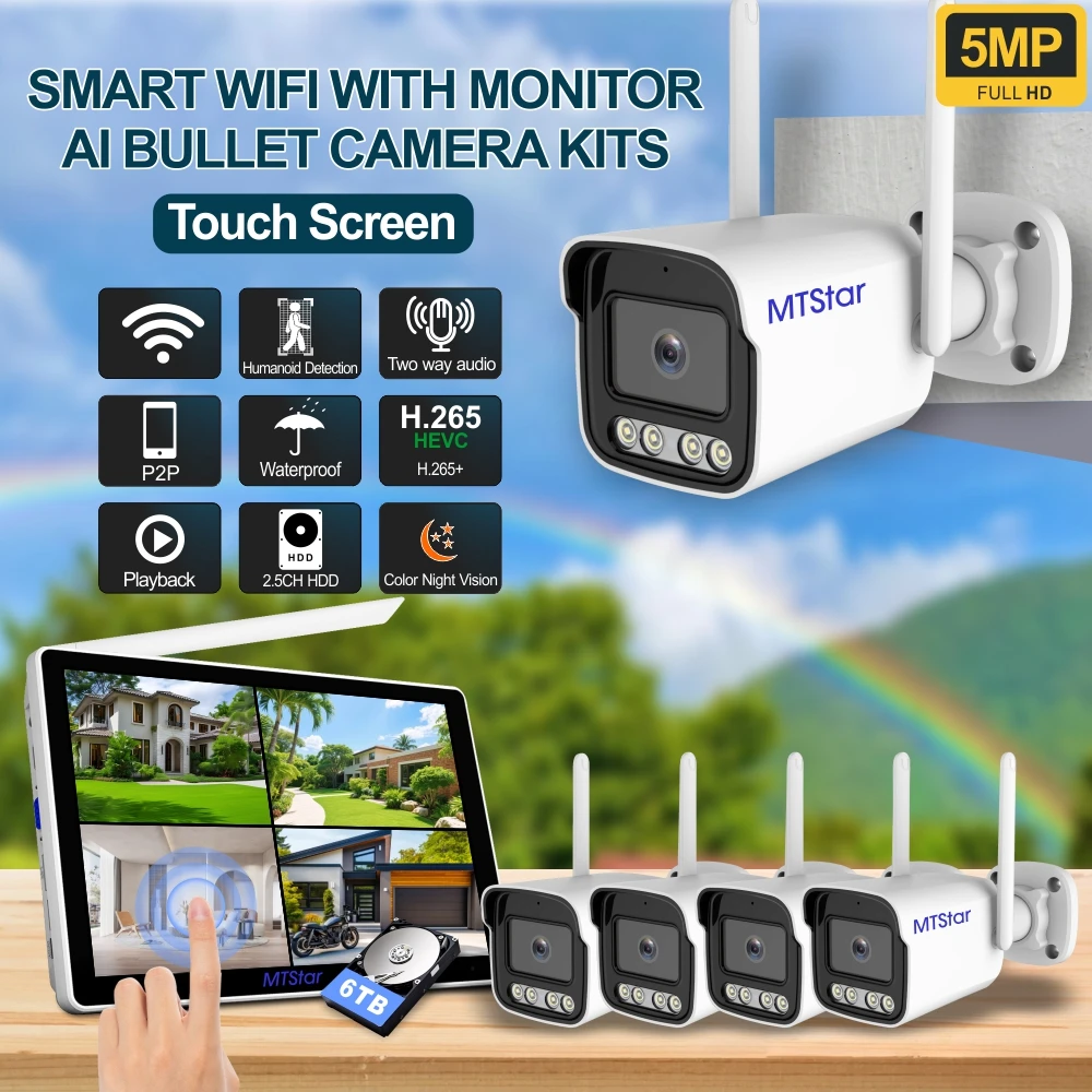 MTStar Brand 5MP 10.1-inch Screen Touch Function 4 CH Wireless Security Camera Kit Two-way Audio Outdoor Waterproof IP66