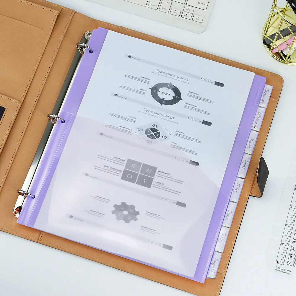 

8Pcs A4 File Binder Pockets 5 Color Separated Semi Transparent Plastic Dividers with 3 Ring Holes for Easy Document Sorting