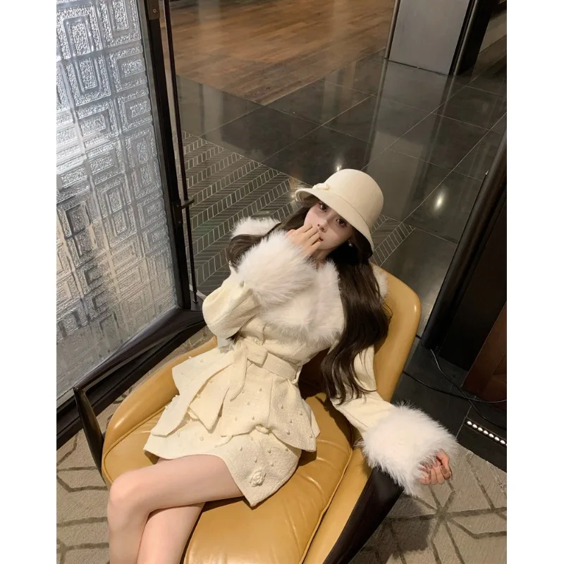 Qianjin Fashion Set Women Winter 2024 New Shawl Woolen Jacket Three-dimensional Flower Slimming A- line Skirt Two-piece Set