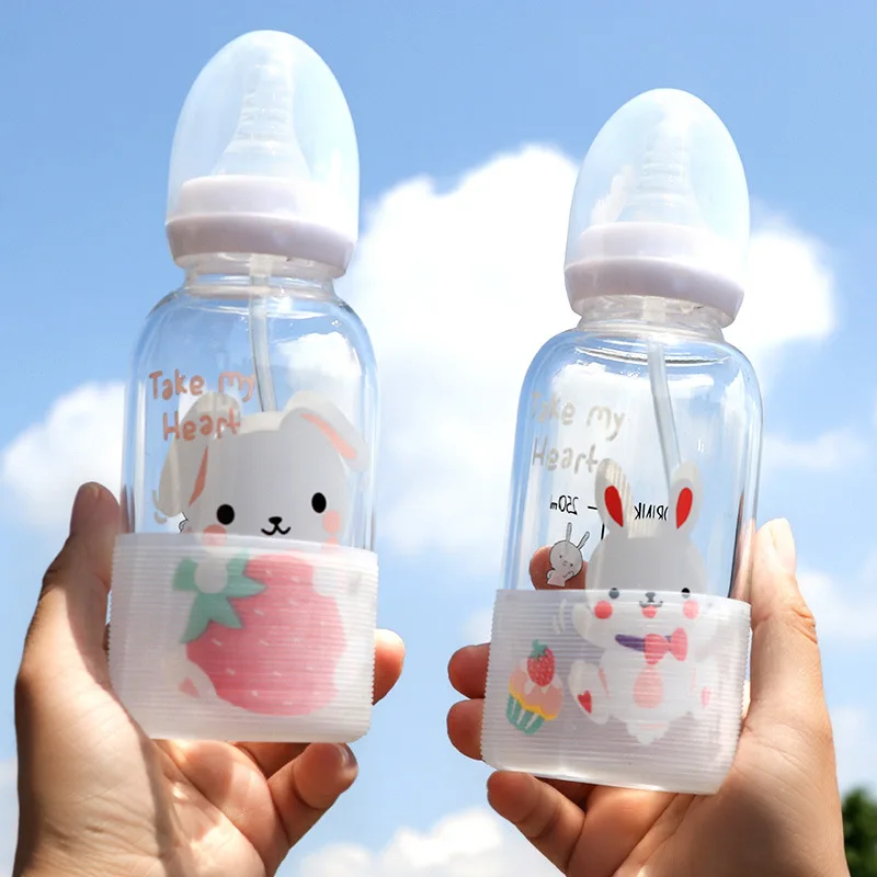 Cute cartoon rabbit adult straw plastic bottle water bottle creative personality small gift baby mouth leisure water cup